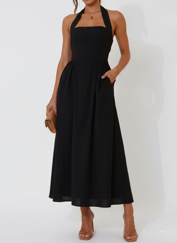 Waist Little Black Halter Neck Dress Mid Length Dress