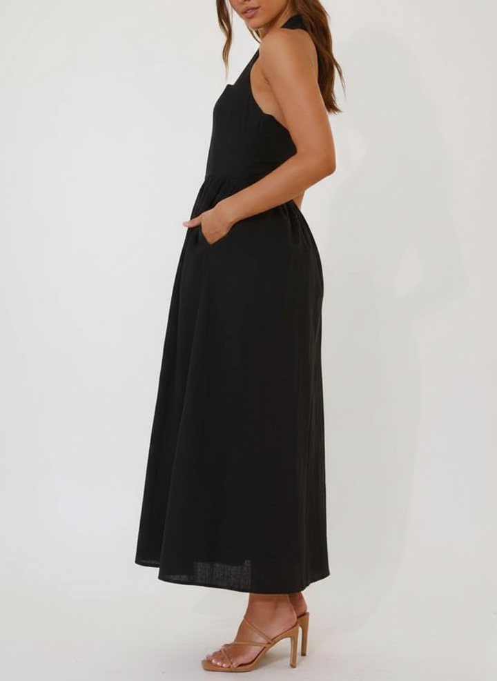 Waist Little Black Halter Neck Dress Mid Length Dress