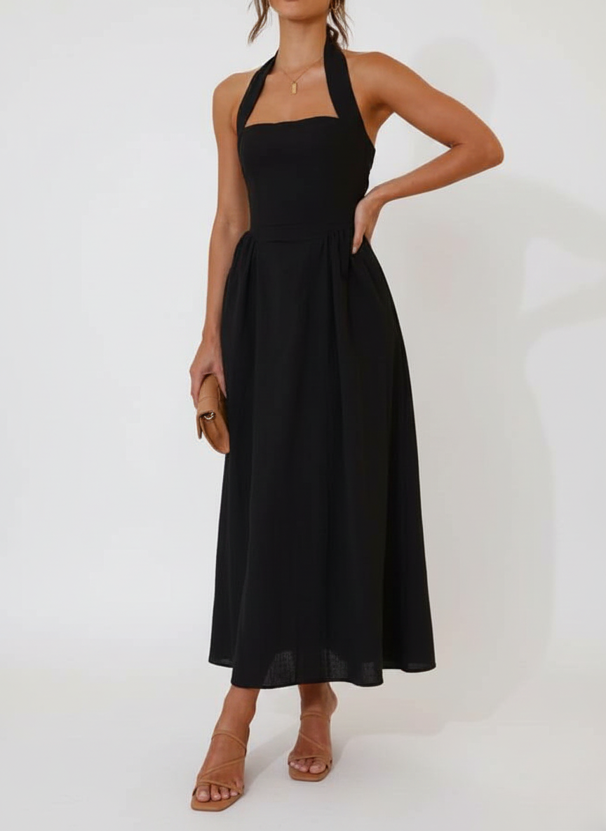 Waist Little Black Halter Neck Dress Mid Length Dress