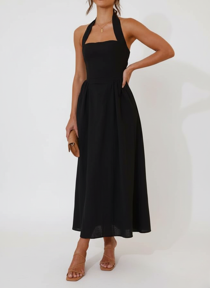 Waist Little Black Halter Neck Dress Mid Length Dress