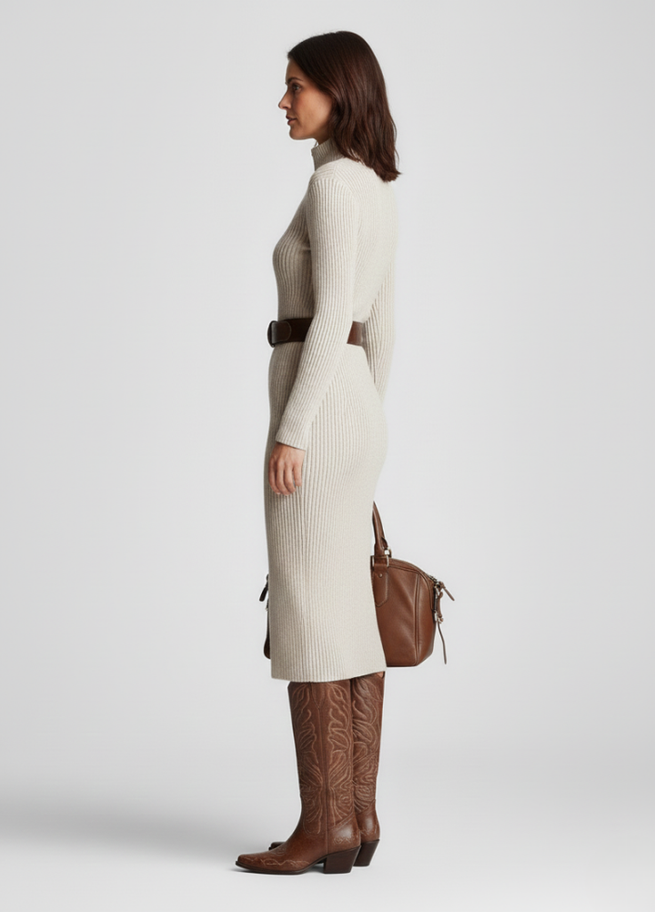 Diane | Knitted Midi Dress with Belt and High Neck