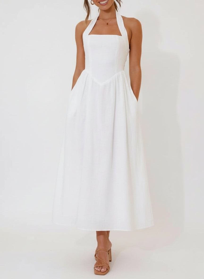 Waist Little Black Halter Neck Dress Mid Length Dress