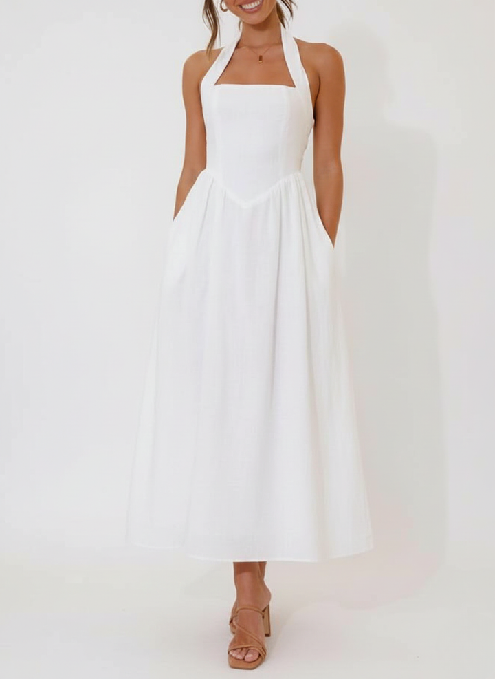 Waist Little Black Halter Neck Dress Mid Length Dress